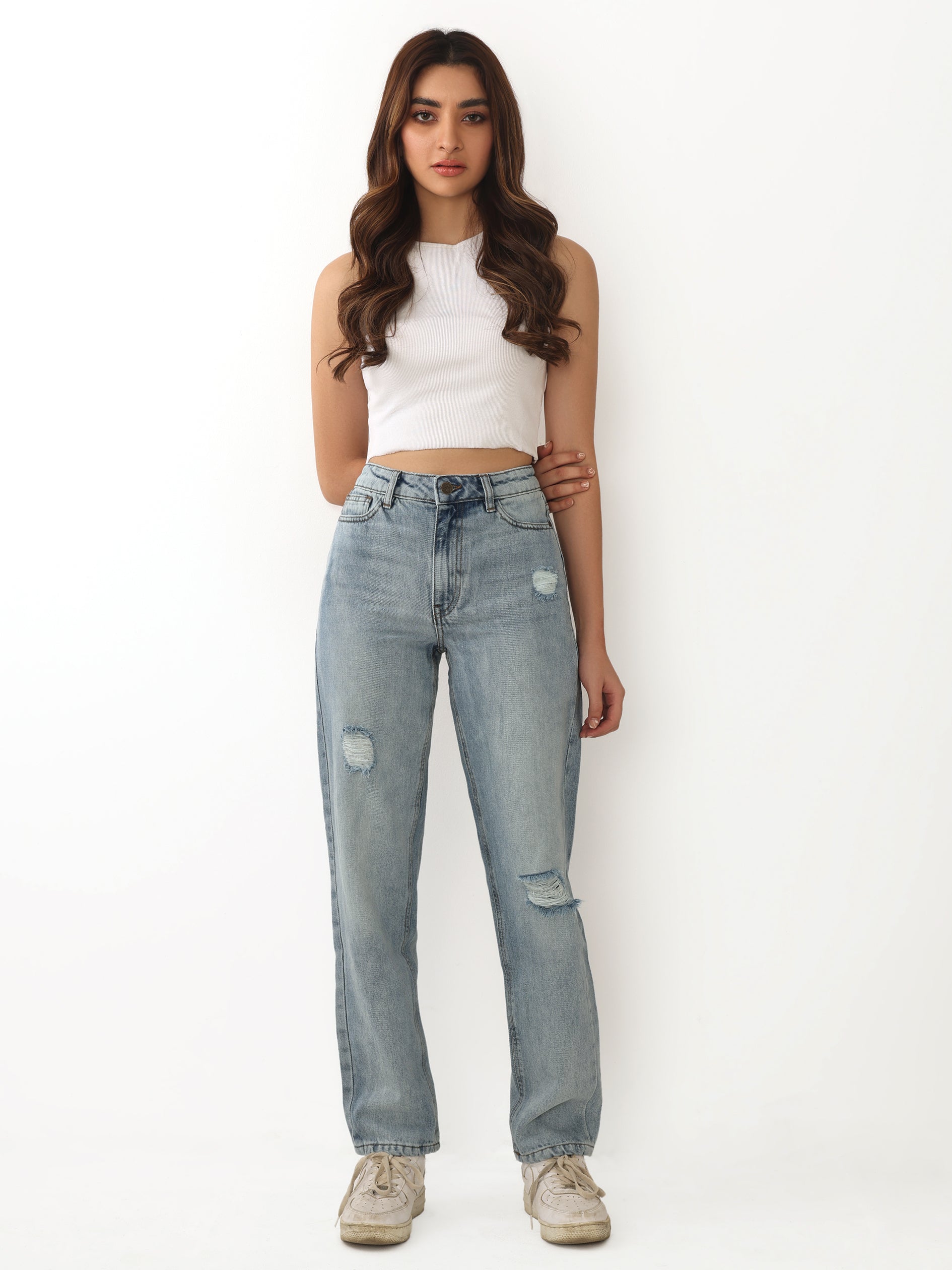 High Rise Straight Ripped Jeans