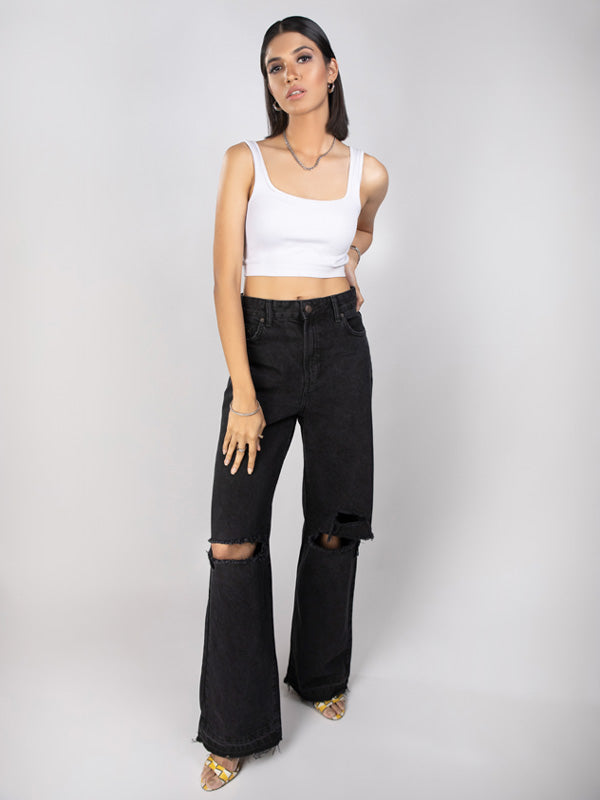 Black Ripped Wide Leg Jeans – club76 - Main Image