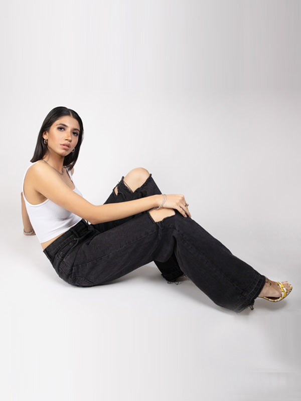 Black Ripped Wide Leg Jeans